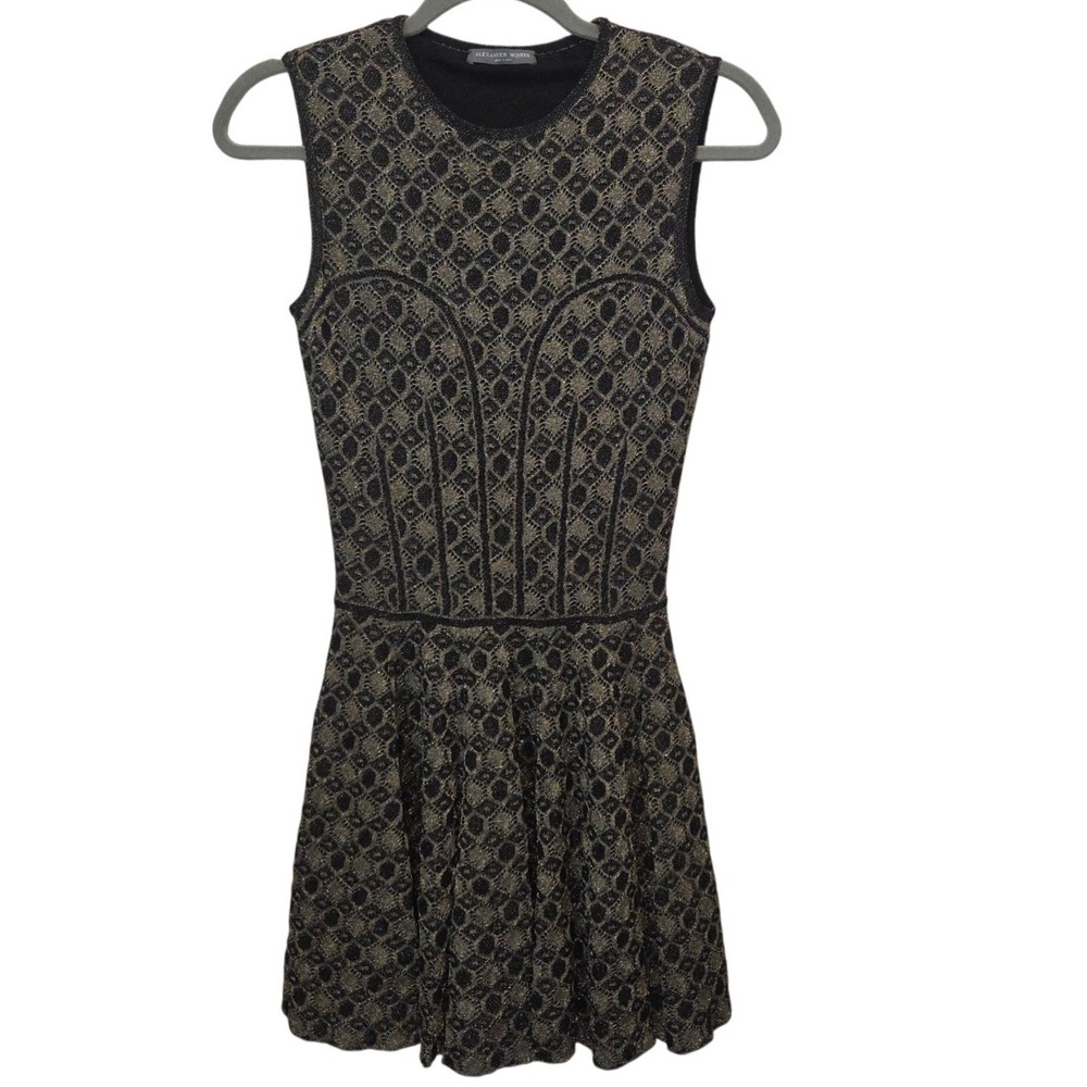 Alexander McQueen Metallic Jacquard Knit Skater Dress Fit Flare Black Gold Small - Picture 3 of 15